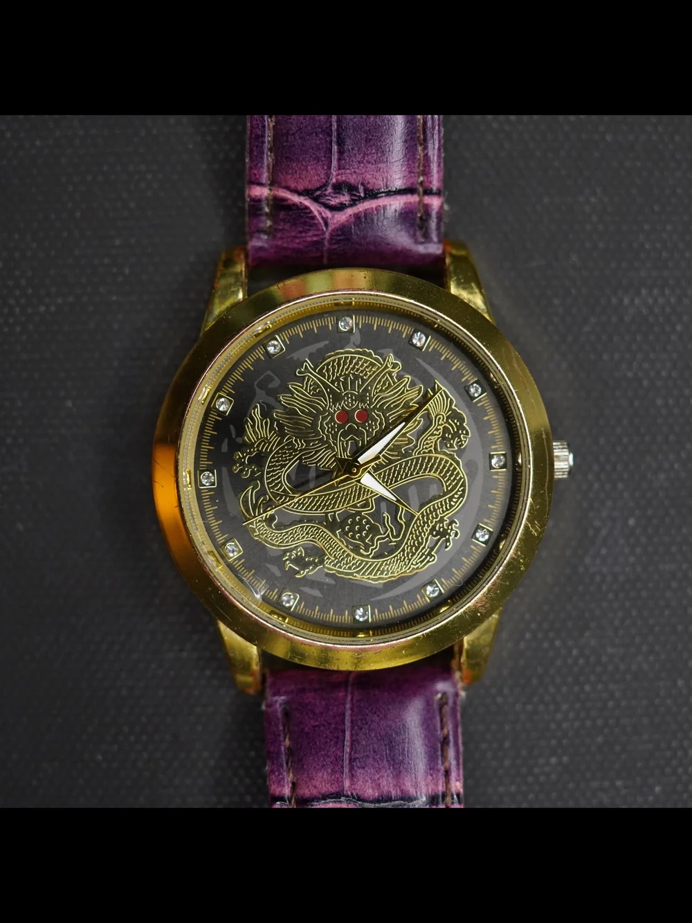 Oruss 1853 Dragon Men's Quartz Watch Gold Tone Black Dial Purple Leather Band